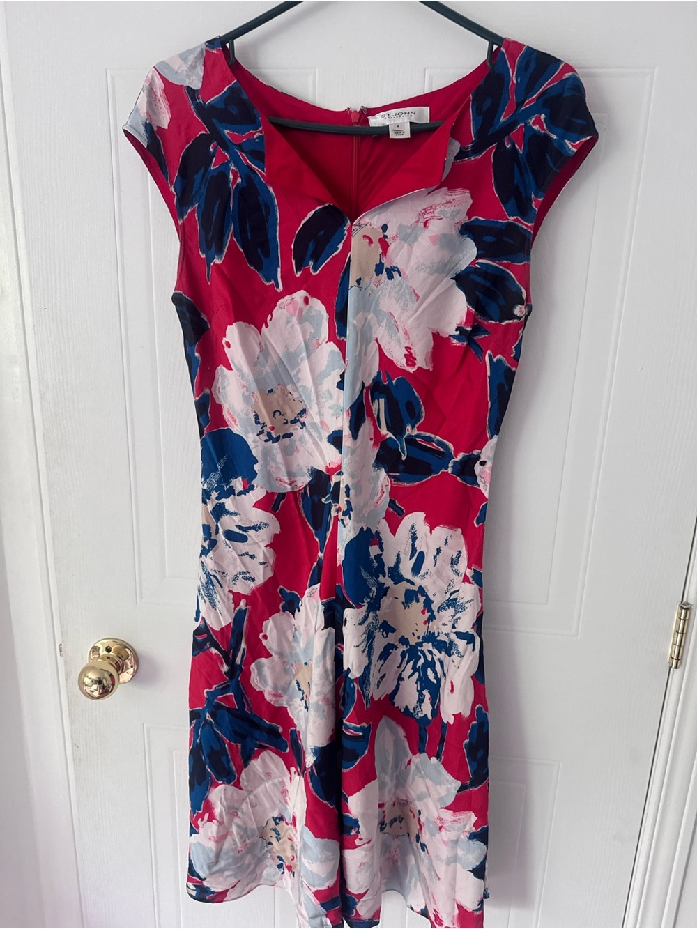 St. John Fuchsia Floral Midi Dress with Navy & White Blooms